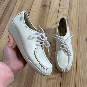 SAS Siesta White Leather Walking Shoes Lace Up Wedge Loafers Handsewn USA Sz 6S